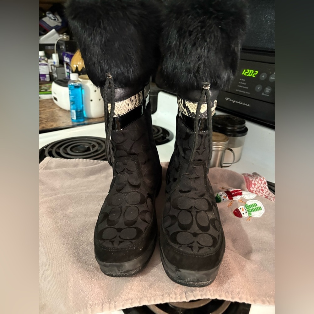 Coach Black Fur Trim Pattern Boots